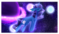 Size: 3000x1713 | Tagged: safe, artist:honeybbear, derpibooru import, oc, oc:moon heart, pony, unicorn, female, mare, planet, solo, space, stars