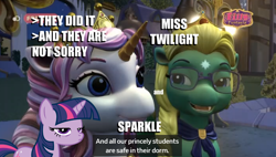 Size: 898x510 | Tagged: safe, editor:pony-berserker, twilight sparkle, unicorn twilight, pony, unicorn, colored horn, fairy filly (filly funtasia), filly (dracco), filly (filly funtasia), filly funtasia, horn, impact font, pun, sparkle (filly funtasia), twilight (filly funtasia), unamused