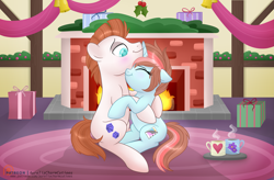 Size: 5069x3329 | Tagged: safe, artist:raspberrystudios, derpibooru import, oc, oc only, earth pony, pony, unicorn, christmas, embrace, female, fire, fireplace, hearth's warming, holiday, hug, male, mare, mug, present, shipping, stallion