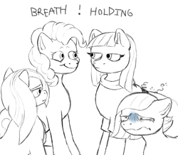 Size: 1089x951 | Tagged: safe, artist:anonymous, artist:happyartfag, limestone pie, marble pie, maud pie, pinkie pie, earth pony, pony, /mlp/, 4chan, dizzy, drawthread, holding breath, monochrome, pie sisters, siblings, sisters, text