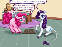 Size: 700x525 | Tagged: safe, artist:luckyorigamistars, pinkie pie, rarity, earth pony, pony, unicorn, chess, chessboard, cloven hooves, curved horn, cute, cutie mark, darling, dialogue, diapinkes, duo, ear fluff, eyeshadow, female, horn, leonine tail, lidded eyes, looking at each other, makeup, mare, pinkie's bedroom, raised hoof, speech, speech bubble, sugarcube corner