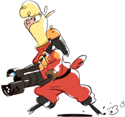 Size: 997x932 | Tagged: useless source url, safe, artist:lindsay towns, paprika paca, alpaca, them's fightin' herds, bipedal, cloven hooves, community related, female, flamethrower, pyro, simple background, team fortress 2, weapon, white background