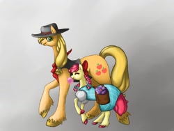 Size: 1024x768 | Tagged: safe, artist:luckyorigamistars, apple bloom, applejack, earth pony, pony, bubblegum, calamity jane, candy, clothes, clydesdale, costume, cutie mark, dorothy gale, dress, duo, female, filly, food, gradient background, gum, halloween, halloween costume, mare, nightmare night costume, raised hoof, saddle bag, the wizard of oz, unshorn fetlocks