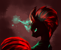 Size: 1920x1580 | Tagged: safe, alternate version, artist:bluecrow, derpibooru import, tempest shadow, pony, unicorn, my little pony: the movie, armor, broken horn, dark background, female, glowing horn, horn, looking at you, magic, mare, profile, solo, sparking horn