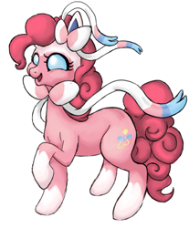 Size: 334x403 | Tagged: safe, artist:luckyorigamistars, pinkie pie, earth pony, pony, bow, bowtie, cutie mark, female, fusion, hair bow, mare, open mouth, pokémon, ponymon, raised hoof, simple background, socks (coat marking), solo, sylveon, white background