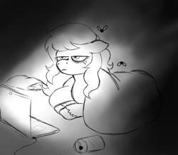 Size: 1089x951 | Tagged: safe, artist:anonymous, artist:happyartfag, wallflower blush, earth pony, pony, /mlp/, 4chan, bags under eyes, blanket, chips, computer, drawthread, equestria girls ponified, flies, food, laptop computer, monochrome, ponified, soda can, solo