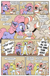 Size: 1989x3057 | Tagged: safe, artist:floofyfoxcomics, oc, oc only, oc:peppermint mocha (pegasusjedi), oc:quickshot, oc:sunlight days, oc:trick lock, earth pony, pegasus, pony, comic:a dash of peppermint, female, mare