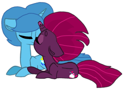 Size: 1325x966 | Tagged: safe, artist:徐詩珮, fizzlepop berrytwist, spring rain, tempest shadow, pony, unicorn, base used, broken horn, eyes closed, female, horn, kissing, lesbian, mare, nuzzling, shipping, springshadow