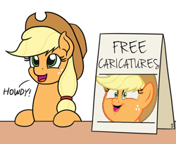 Size: 1100x900 | Tagged: safe, artist:mkogwheel edits, edit, applejack, earth pony, pony, going to seed, applejack's hat, applejack's sign, caricature, cowboy hat, female, hair tie, hat, howdy, mare, meme, sign