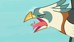 Size: 1920x1080 | Tagged: safe, screencap, spike, bird, dragon, roc, molt down, flying, male, open beak, out of context, tongue out, winged spike