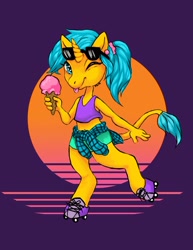 Size: 786x1017 | Tagged: safe, artist:luckyorigamistars, oc, oc only, anthro, unguligrade anthro, unicorn, 80s, abstract background, clothes, ear piercing, earring, female, food, ice cream, jewelry, leonine tail, looking at you, midriff, one eye closed, piercing, plaid shirt, roller skates, shorts, smiling, solo, sunglasses, tanktop, tongue out, wink