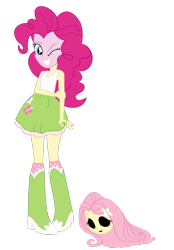 Size: 1183x1695 | Tagged: safe, edit, fluttershy, pinkie pie, equestria girls, andrea libman, bodysuit, disguise, fluttershy suit, mask, masking, voice actor joke