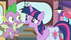 Size: 1600x900 | Tagged: safe, screencap, cup cake, spike, twilight sparkle, twilight sparkle (alicorn), alicorn, dragon, a trivial pursuit, ceiling light, curtains, flying, saddle bag, window, winged spike