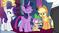 Size: 1920x1080 | Tagged: safe, screencap, applejack, fancypants, rarity, spike, twilight sparkle, twilight sparkle (alicorn), alicorn, dragon, earth pony, pony, unicorn, between dark and dawn, scroll, winged spike