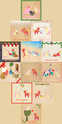 Size: 3000x6000 | Tagged: safe, anonymous artist, big macintosh, fluttershy, rarity, smarty pants, toe-tapper, torch song, parasprite, pegasus, pony, prairie dog, sheep, unicorn, series:12 days of hearth's warming, series:fm holidays, 12 days of christmas, :t, ><, ^^, apple, apple tree, bag, basket, bell, big eyes, big macintosh is not amused, bipedal, blanket, blush sticker, blushing, book, border, box, butt, candy, candy cane, cardboard box, christmas, christmas lights, christmas stocking, christmas wreath, cider, clothes, dexterous hooves, dice, eyes closed, fake horn, female, fireplace, floating, floating heart, flutterbutt, fluttermac, food, garland, glowing horn, grandfather clock, grin, happy, hat, heart, hearth's warming, hiding, holiday, holly, hoof hold, hoop, horn, impossibly long tail, jug, knitting, knitting needles, laughing, laundry basket, lidded eyes, looking at each other, looking at you, looking away, looking back, looking down, looking up, male, mistletoe, mittens, music notes, nervous, nervous grin, open mouth, outstretched arms, plot, pointy ponies, ponytones outfit, prancing, pushing, ribbon, santa hat, scarf, shipping, singing, sitting, smiling, snickering, snow, snowflake, socks, spruce, straight, sweat, sweatdrop, sweater, table, table cloth, tail extensions, texture, the flying prairinos, tiny ewes, toaster, toaster cozy, tree, wreath