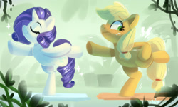 Size: 2000x1200 | Tagged: safe, artist:colorfulcolor233, applejack, rarity, earth pony, pony, unicorn, balancing, bipedal, duo, eyes closed, female, looking back, mare, on one leg, yoga