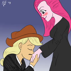 Size: 2000x2000 | Tagged: safe, artist:tomtornados, applejack, pinkie pie, equestria girls, applepie, blushing, clothes, commission, cosplay, costume, female, gomez addams, halloween, holiday, kissing, lesbian, morticia addams, shipping, the addams family