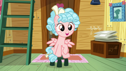 Size: 1280x720 | Tagged: safe, screencap, cozy glow, pegasus, pony, marks for effort, clubhouse, cozybetes, crusaders clubhouse, cute, female, filly, ladder, solo