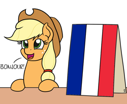 Size: 1098x900 | Tagged: safe, artist:mkogwheel edits, edit, applejack, earth pony, pony, applejack's hat, applejack's sign, cowboy hat, cute, female, flag, france, french, greeting, hair tie, hat, mare, meme, open mouth, sign