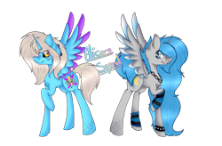 Size: 2295x1507 | Tagged: safe, artist:chazmazda, oc, oc only, oc:charlie gallaxy-starr, oc:moonbeam, alicorn, pony, alicorn oc, chains, collar, duo, ear piercing, leg warmers, piercing, raised hoof, shade, simple background, spiked wristband, transparent background, wristband