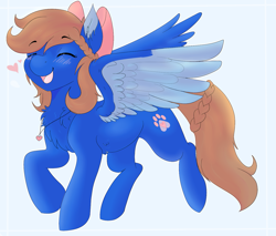 Size: 1447x1235 | Tagged: safe, artist:kazehanatenshi, oc, oc only, oc:happy midnight, pegasus, pony, abstract background, blushing, bow, braid, chest fluff, colored wings, commission, cutie mark, ear fluff, eyebrows visible through hair, eyes closed, female, hair bow, happy, heart, jewelry, mare, necklace, open mouth, solo, spread wings, wings