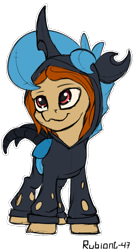 Size: 500x939 | Tagged: safe, artist:rubiont, oc, oc only, oc:artist rubiont, oc:change, changeling, pony, blue changeling, camouflage, changeling costume, clothes, costume, disguise, kigurumi, plushie, simple background, sketch, solo, suit, transparent background