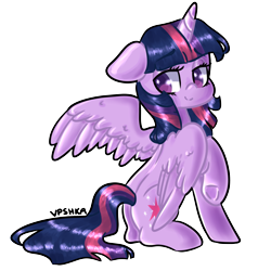 Size: 2000x2000 | Tagged: safe, artist:vpshka, twilight sparkle, twilight sparkle (alicorn), alicorn, pony, colored pupils, cute, cutie mark eyes, female, floppy ears, high res, lidded eyes, looking back, mare, simple background, sitting, solo, transparent background, twiabetes, wingding eyes