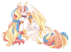 Size: 1385x1000 | Tagged: safe, artist:loyaldis, oc, oc:rainbow dreams, pegasus, pony, blushing, cute, embarrassed, female, hair over one eye, leonine tail, ribbon, simple background, transparent background, ych result