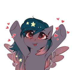 Size: 2649x2487 | Tagged: safe, alternate version, artist:share dast, oc, oc only, oc:star universe, pegasus, pony, armpits, blushing, cute, ethereal mane, female, happy, heart, high res, hooves, hooves up, love, mare, ocbetes, open arms, silly, silly face, simple background, solo, spread wings, starry mane, tongue out, transparent background, upsies, white outline, wings
