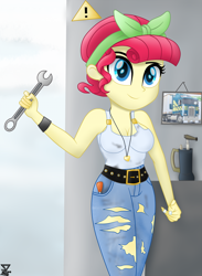 Size: 2000x2730 | Tagged: safe, artist:theretroart88, torque wrench, equestria girls, rainbow roadtrip, breasts, clothes, equestria girls-ified, female, kenworth, semi truck, smiling, solo, wrench