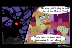 Size: 640x426 | Tagged: safe, derpibooru import, edit, edited screencap, editor:teren rogriss, screencap, apple bloom, applejack, the great seedling, earth pony, pony, going to seed, abuse, bow, butt, comic, cutie mark, female, filly, floppy ears, foal abuse, gritted teeth, hair bow, hooves, mare, plot, screencap comic, sweet apple acres