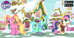 Size: 960x504 | Tagged: safe, bon bon, luster dawn, lyra heartstrings, sweetie drops, earth pony, pony, unicorn, the last problem, clothes, facebook, gameloft, looking at you, my little pony logo, raised hoof, ribbon, scarf, snow, winter, winter outfit