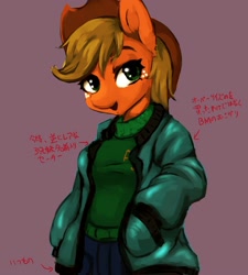 Size: 1800x2000 | Tagged: safe, artist:kunshomo, derpibooru import, applejack, earth pony, pony, semi-anthro, clothes, female, jacket, looking at you, mare, solo, sweater