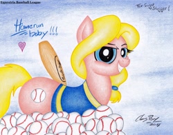 Size: 2155x1690 | Tagged: safe, artist:thechrispony, derpibooru import, oc, oc:sugar slugger, earth pony, pony, baseball, baseball bat, female, looking at you, mare, solo, sports, traditional art