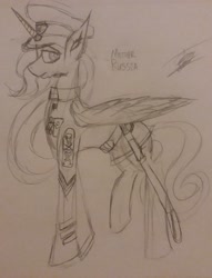 Size: 1280x1678 | Tagged: safe, artist:drawingwithapitoffriendship, derpibooru import, alicorn, pony, clothes, female, hat, military, military uniform, nation ponies, pencil drawing, ponified, russian empire, solo, sword, traditional art, uniform, weapon