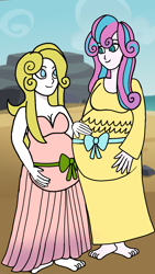 Size: 720x1279 | Tagged: safe, artist:rubs, princess flurry heart, oc, human, equestria girls, adult, beach, bow, duo, duo female, female, hand on belly, looking at each other, mama flurry, mother and child, mother and daughter, multiple pregnancy, offspring, offspring's offspring, older, older flurry heart, parent and child, parent:oc:shimmering glow, parent:princess flurry heart, parents:canon x oc, pregnant, ribbon, smiling