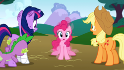 Size: 1280x720 | Tagged: safe, derpibooru import, screencap, applejack, pinkie pie, spike, twilight sparkle, unicorn twilight, dragon, earth pony, pony, unicorn, feeling pinkie keen, bruised, cast, female, male, mare, shocked, tree