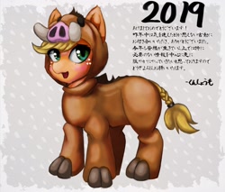 Size: 2000x1700 | Tagged: safe, artist:kunshomo, derpibooru import, applejack, earth pony, pony, 2019, clothes, costume, female, japanese, kigurumi, mare, solo