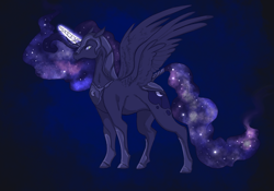 Size: 2388x1668 | Tagged: safe, artist:t3ssrina, nightmare moon, alicorn, pony, blue background, ethereal mane, ethereal tail, female, galaxy mane, glowing horn, horn, mare, simple background, solo