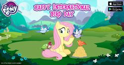 Size: 960x504 | Tagged: safe, constance, fluttershy, bird, pegasus, pony, cute, facebook, fence, flower, flying, food, gameloft, my little pony logo, seed, sitting, tree, wings