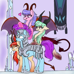 Size: 1198x1200 | Tagged: safe, artist:zigragirl, derpibooru import, oc, oc only, oc:candice, oc:iris, oc:scarlet, oc:sunspark, crystal pony, demon, pony, succubus, succubus pony, succupony, unicorn, armor, crystal empire, eyes on the prize, female, heart, heart tail, imminent sex, licking, licking lips, lucky bastard, male, mare, monster mare, royal guard, smiling, stallion, sweat, this will end in snu snu, tongue out, traditional art, wings