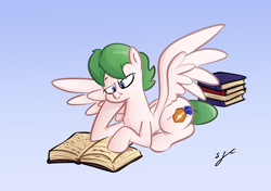 Size: 2480x1748 | Tagged: safe, artist:christheblue, derpibooru import, oc, oc:libby belle, pegasus, pony, book, commission, female, gradient background, mare, solo, spread wings, studying