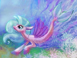 Size: 1280x960 | Tagged: safe, artist:catscratchpaper, silverstream, seapony (g4), coral, female, fins, fish tail, flowing mane, jewelry, necklace, seapony silverstream, seashell necklace, smiling, solo, swimming, underwater, water, wings
