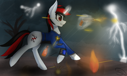 Size: 2000x1200 | Tagged: safe, artist:stravyvox, oc, oc only, oc:blackjack, pony, unicorn, fallout equestria, fallout equestria: project horizons, bottle, clothes, cloud, cloudy, cutie mark, dead tree, fanfic, fanfic art, female, fire, glowing horn, grin, gun, handgun, hooves, horn, levitation, lightning, magic, mare, pipbuck, rain, running, shooting, smiling, solo, telekinesis, tree, vault suit, wasteland, weapon