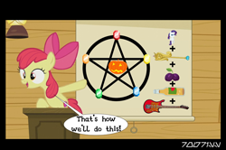 Size: 640x426 | Tagged: safe, edit, edited screencap, editor:teren rogriss, screencap, apple bloom, earth pony, pony, clubhouse, dialogue, female, filly, foal, hooves, open mouth, pentagram, ritual, solo, speech bubble, this will end in possession, this will not end well