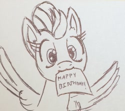 Size: 1113x992 | Tagged: artist needed, safe, derpibooru import, lightning dust, pegasus, pony, birthday, female, happy birthday, looking at you, mare, mouth hold, paper, simple background, sketch, solo, spread wings, traditional art, wings
