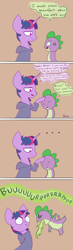 Size: 1000x3411 | Tagged: safe, artist:radioactive nero, spike, twilight sparkle, dragon, unicorn, alternate universe, clothes, comic, dialogue, fire, hoodie, smiling