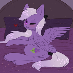 Size: 2000x2000 | Tagged: safe, artist:avrameow, oc, oc:yoko, pony, bed, heart, one eye closed, pegasus oc, pillow, sparkles, wink, ych result