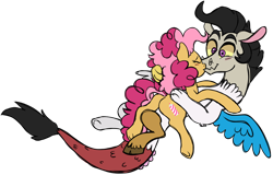 Size: 1024x657 | Tagged: safe, artist:ashidaii, derpibooru import, oc, oc only, oc:entropy, oc:silly string, draconequus, earth pony, hybrid, pony, female, interspecies offspring, kissing, male, mare, oc x oc, offspring, parent:cheese sandwich, parent:discord, parent:pinkie pie, parent:princess celestia, parents:cheesepie, parents:dislestia, shipping, simple background, straight, transparent background