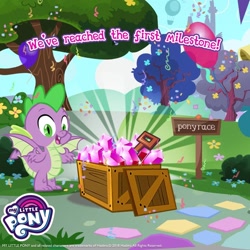 Size: 1080x1080 | Tagged: safe, derpibooru import, spike, dragon, balloon, crate, gameloft, gem, milestone, my little pony logo, official, solo, winged spike